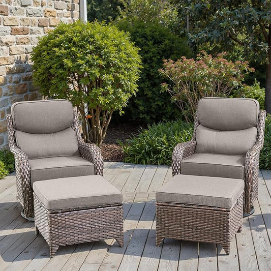 Swivel Patio Chairs sofa Set of 4 with 6" Thick Cushion - Wicker Outdoor Swivel Rocker Patio Chair with Side Table, High Back Comfortable Outdoor Glider Chairs - Brown Wicker | Grey Cushions