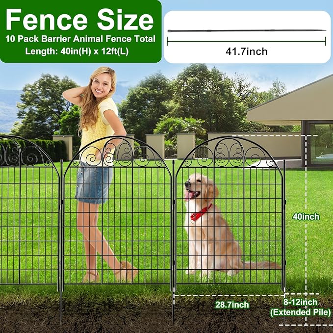 10 Panels Garden Fence with Gate for Yard, 40 in(H) X 24ft(L) No Dig Dogs Decorative Fence Outdoor Animal Barrier Fencing, Rustproof Metal Wire Patio Temporary Fences for Dogs Rabbits