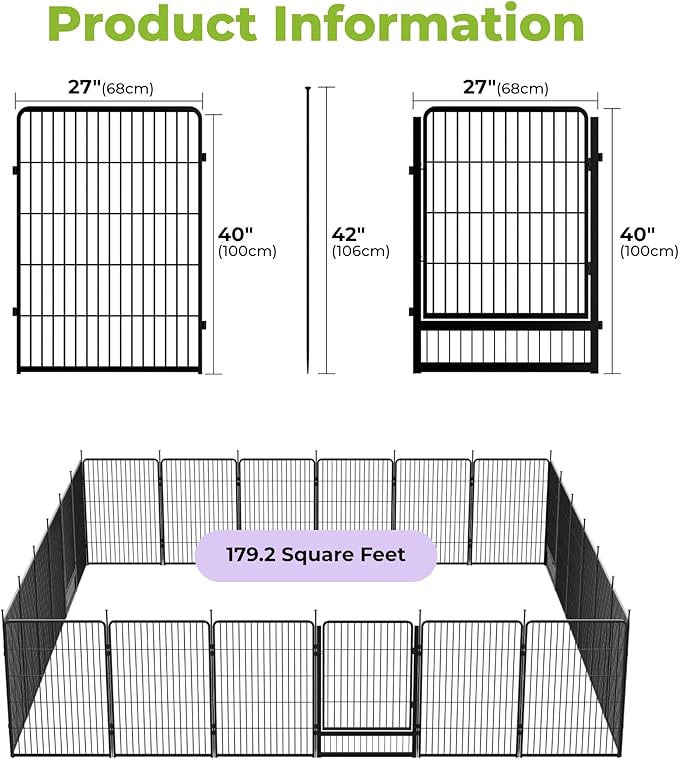 SunsGrove Tall Garden Fence with Gate, 40 in(H) x 53.5 ft(L) 24 Panels Heavy Duty Metal Animal Barrier Fence for Yard, Suitable for Indoor or Outdoor Dog Pet Fence, Garden Fence Border, Black