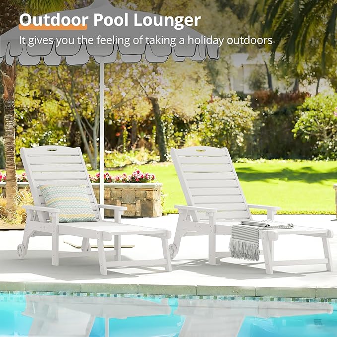 LUE BONA Outdoor Chaise Lounge Chairs Set of 2, HDPS Chaise Lounger, 5 Positions Adjustable Lounge Chairs, Pool Lounge Chair with Wheels for Poolside, 3 Year Warranty, White