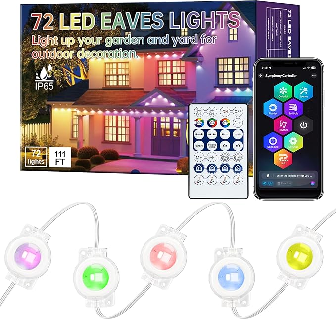 111FT Permanent Outdoor Lights,72 RGB Eaves Lights with App Control Remote, IP65 Waterproof Eternity Eaves Lighting, Outdoor Light for Outside Roofline Decor, Party, Holiday Xmas