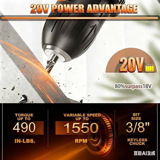 20V Brushless Cordless Power Drill with 2x 2.0Ah Battery and Charger (531 in.lbs)- 3/8 inch Chuck Brushless Impact Driver, LED Work light Hammer Drills