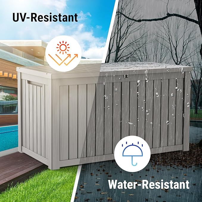 Mars Villa 180 Gallon Outdoor Storage Box, Large Waterproof Resin Deck Box for Patio Furniture Cushions, Pool Supplies, Gardening Tools, Lockable, Weatherproof and UV Resistant, Light Brown