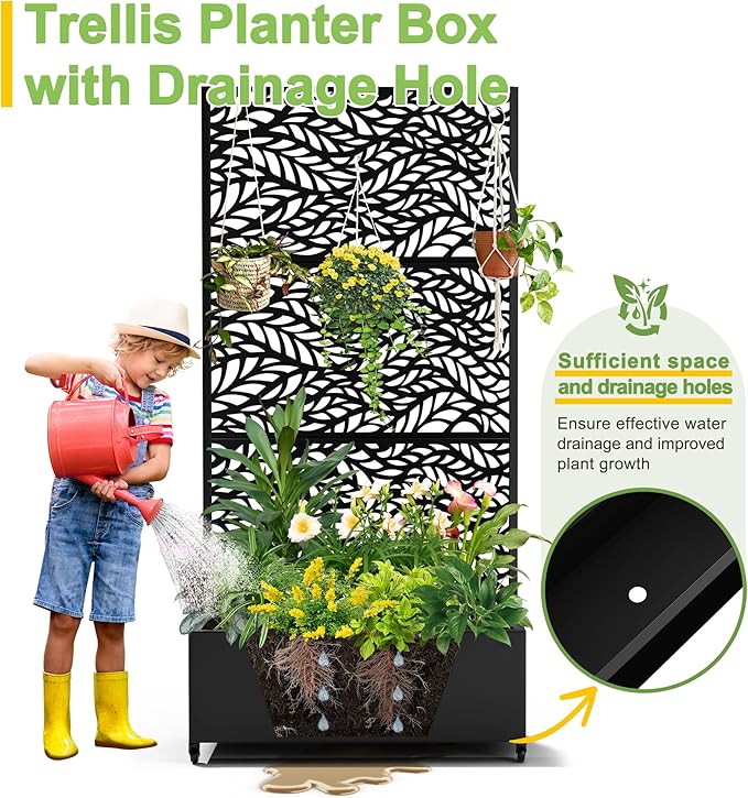 FENCY Metal Raised Garden Bed with Wheels and Trellis,73"x35"x16" Planter Box for Climbing Plants, Vegetables & Vines, Features Privacy Screen and Drainage Holes (Black-Leaf)