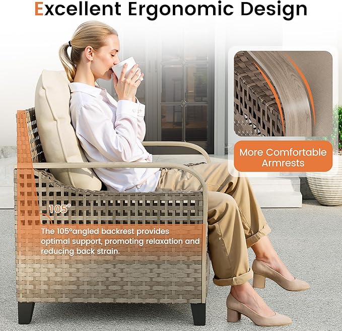 UDPATIO 4-Piece Patio Furniture Set, Outdoor Couch with 105-Degree Ergonomic High Back, Yellow Rattan Patio Conversation Sets for Deck, Yard, and Poolside, Beige