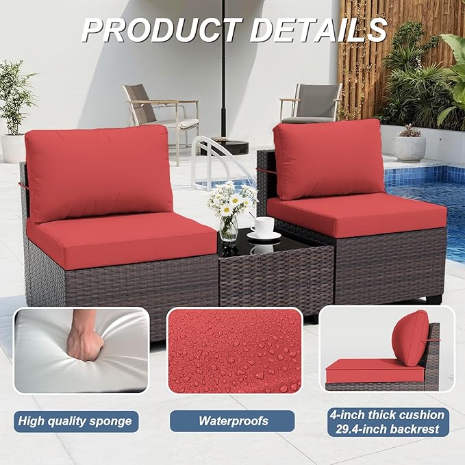 ALAULM Patio Furniture Set with Fire Pit Table 55000 BTU, Outdoor Sectional with Wide Seat and Thick Cushion, 8 Piece Wicker Rattan Conversation Set with Coffee Table for Garden, Deck, Red