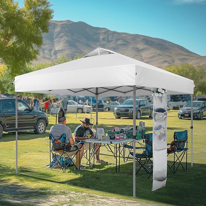 MFSTUDIO Pop Up Canopy Tent, 10x10 Outdoor Canopies One Person Push Set Up Tent Instant Portable Shelter Tents with Vented Top, Storage, 4 Sandbags, Beach Canopy,White