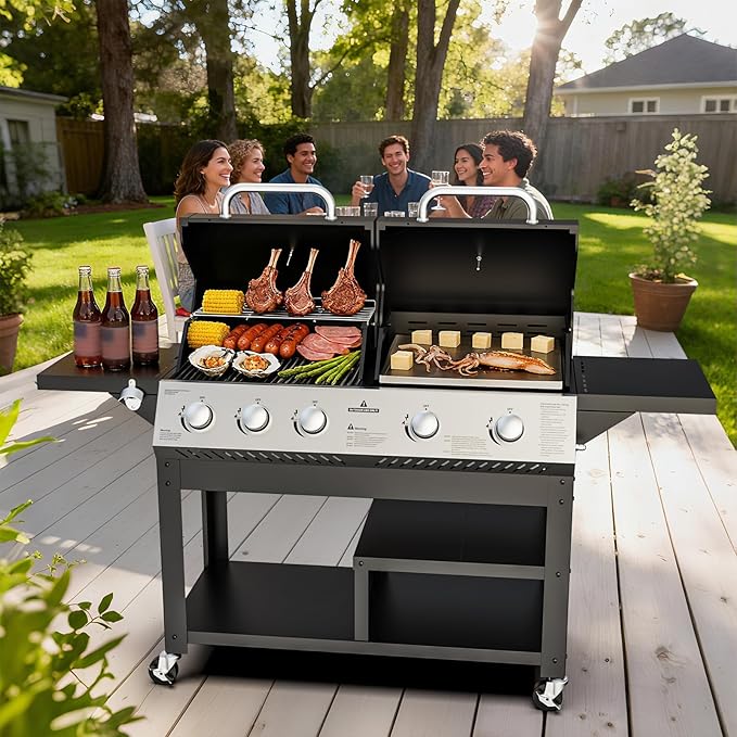 5-Burner Propane Gas Griddle Grill Combo with Porcelain-Enameled Cast Iron Grate & Cast Iron Pan, Dual BBQ Grill With Flat Top Griddle for Outdoor Kitchen & Backyard Barbecue,618 SQIN Cook Area