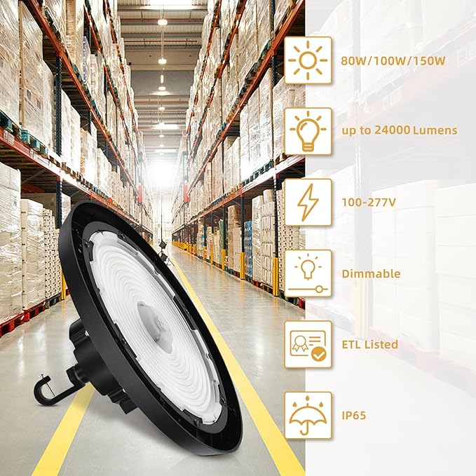 RMC 6 Pack UFO LED High Bay Light 150W 24000LM,3 CCT Switchable (3500K/4000K/5000K), 0-10V Dimmable, 120-277V, ETL Listed, Commercial LED Shop Lights for Warehouse, Workshop, Barn, Factory