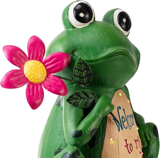 Alpine Corporation 18" Tall Outdoor Frog with Color Changing LED Lights and Welcome Sign Yard Statue
