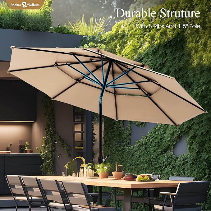 Sophia & William 10ft 3 Tier Auto-tilt Patio Umbrella, Outdoor Double Vented Umbrella with Crank, Beige