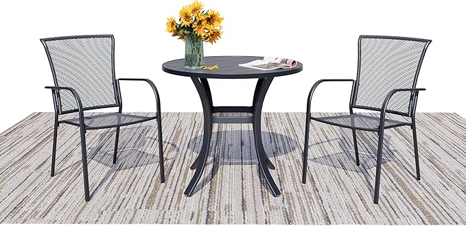 3 Piece Outdoor Dining Set, Patio Dining Set for 2, 27.6" Metal Round Table with 2 Black Metal Mesh Outdoor Dining Chairs with Armrest for Lawn, Garden, or Porch