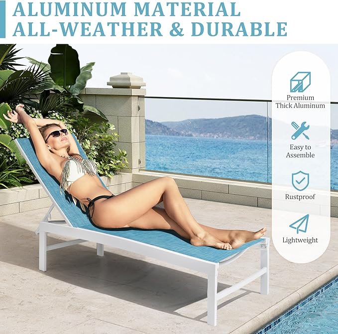 Patio Aluminum Chaise Lounge Chair, Set of 4 Outdoor Recliner Lounge Chair Sun Loungers, All Weather Chaise with 5 Adjustable Backrest and Lay Flat Positions for Garden, Balcony, Pool