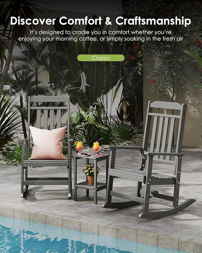 GREENVINES Outdoor-Rocking-Chairs-Set-of-2 | HDPE Plastic | Patio Rockers | Porch Rocker Chair | Oversized | High Back | Big & Tall | Grey