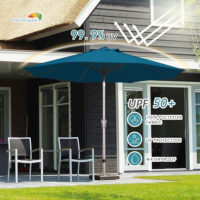 PatioKingdom 9FT Patio Outdoor Umbrella-UPF 50+ Sun Shade with Wind Vent, Push-Button Tilt & Smooth Crank Lift, Rust-Resistant Fiberglass Frame for Garden, Backyard,Yard (Lake Blue, 9FT)