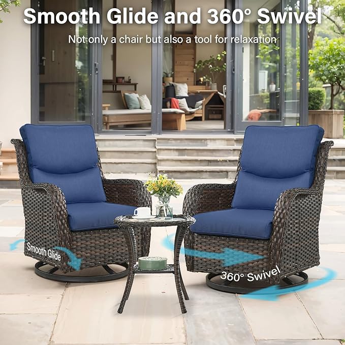 Outdoor Swivel Rocker Patio Chairs Set of 4 with Sofa - 5" Thick Cushion 4 Piece Furniture Set with Sofa All Weather Wicker Conversation Set for Porch Deck - Brown Wicker | Blue Cushions