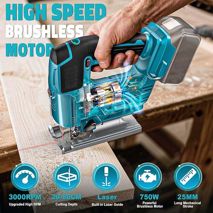 Jig Saw Compatible with Makita 18V Battery, Laser Guide Cordless Jigsaw Tool, Brushless Motor, Variable Speed, 45° Bevel Angle Cut, LED Light, 3 Orbital Sets, 6PCS Blades (No Battery)