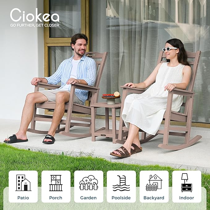 Ciokea Oversized Outdoor Rocking Chair, HDPE Porch Rocking Chair for Outside, Weatherproof Comfortable Patio Rockers for Front Deck Balcony, Teak
