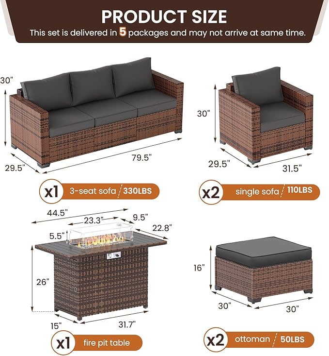 UDPATIO Patio Furniture Set with 44" Fire Pit Table, 6 Pieces Outdoor Conversation Sectional Furniture Sets Wicker Rattan Outdoor Sofa Ottoman with Waterproof Covers for Porch Deck Backyard Grey
