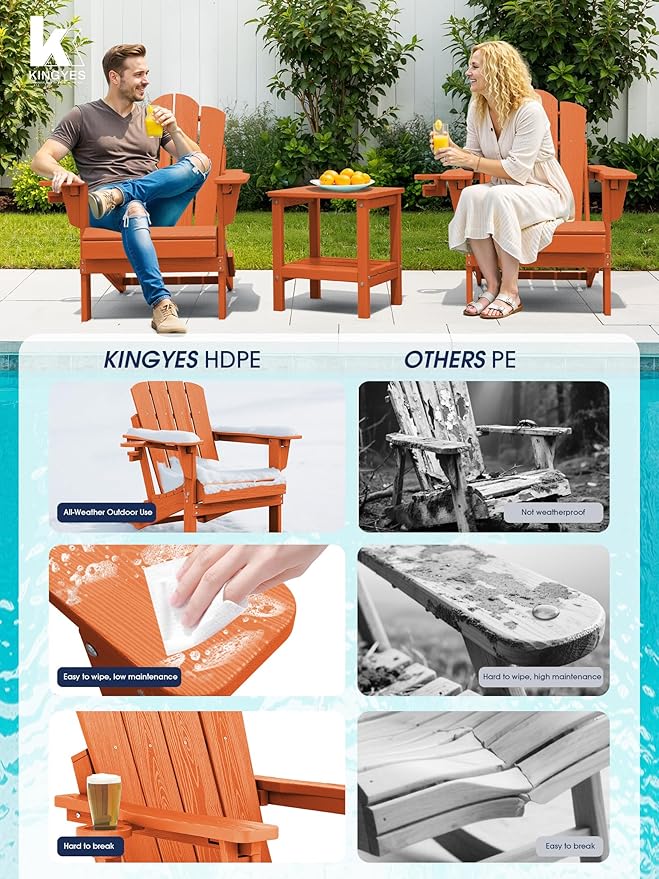 KINGYES Adjustable Folding Adirondack Chair, 3-Position Reclining Adirondack Chairs with Cup Holder, HDPE All-Weather Oversized Adirondack for Outdoor, Patio, Backyard Deck, Fire Pit, Orange