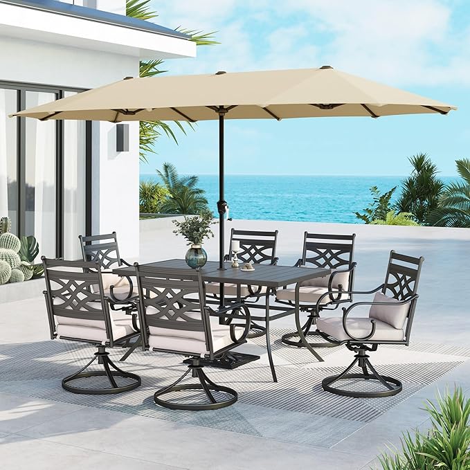 MFSTUDIO Outdoor Dining Set with Umbrella, Patio Dining Sets for 6 Persons, Patio Furniture Set with Umbrella for Deck Backyard Garden (Umbrella Base Not Included)