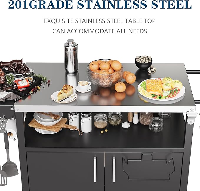 JY QAQA Outdoor Grill Cart with Storage, Patio Kitchen Island Outdoor Grill Table with Wheels, BBQ Cart Movable Pizza Oven Table Stand with Foldable Stainless Steel Top, Black