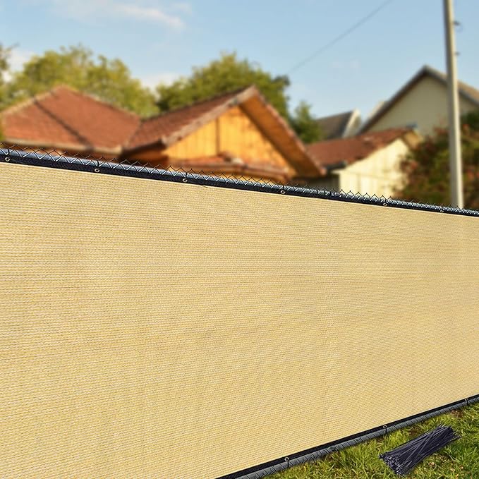 iCover 5x12ft Fence Privacy Screen, Heavy Duty Fencing Panels Screens, Outdoor Shade Cloth Mesh Barrier, Reinforced Bindings and Brass Grommets, Cable Zip Ties Included, Sand