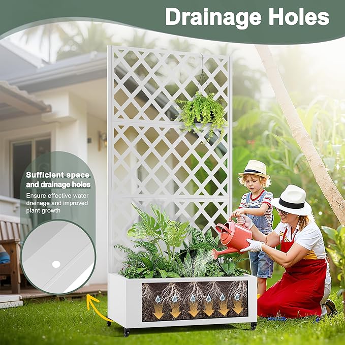 Metal Large Garden Bed with Trellis & Wheels, Planter Box with Privacy Screen for Climbing Plants, Privacy Planters for Patio, 35" L Garden Boxes with Drainage Holes (White Diamond)