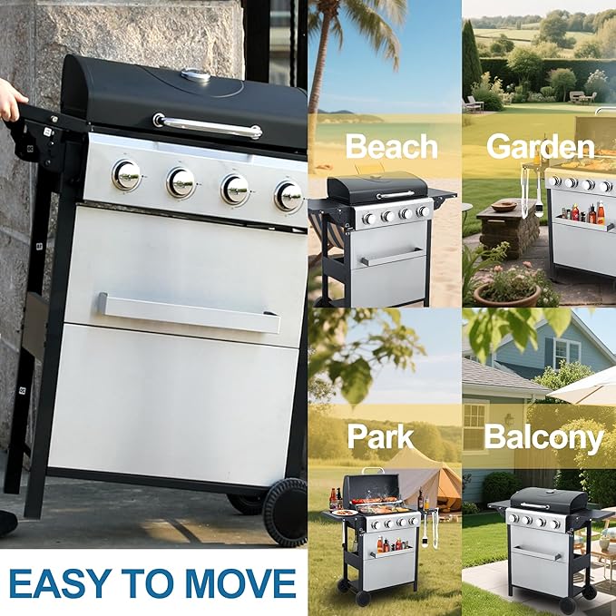 4-Burner Propane Gas Grill, Stainless Steel Control Panel, Easy Ignition, Temperature Gauge, 2-Enameled Cooking Grids, Portable With Wheels For 34,200 BTU Outdoor Barbecue BBQ Grill
