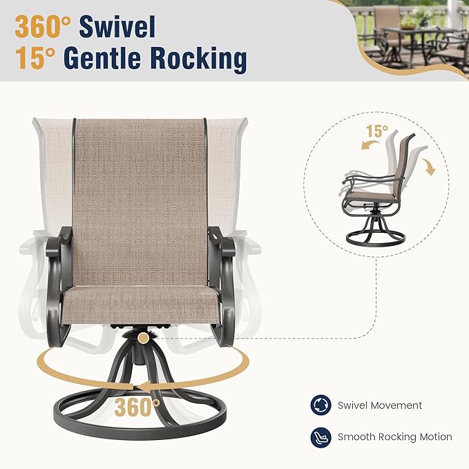 Amopatio Patio Swivel Chairs Set of 2, Outdoor Swivel Rocker Dining Chairs with All Weather Textilene High Back & Metal Frame, for Backyard Deck Lawn Garden, Brown