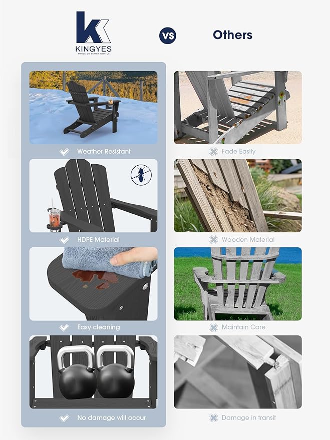 KINGYES Folding Adirondack Chair Set of 8, HDPE All-Weather Patio Chairs with Cup Holder, Wooden Textured Fire Pit Chairs for Poolside, Backyard, Deck, Grey