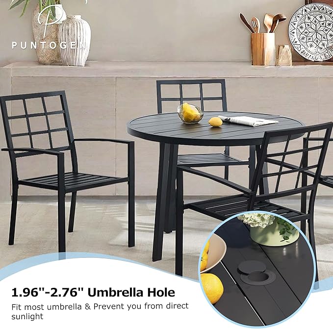 5 Piece Outdoor Dining Set, Patio Dining Set for 4, 42" Black Round Table with 4 Armrest Black Metal Outdoor Dining Chairs for Lawn, Garden, or Porch