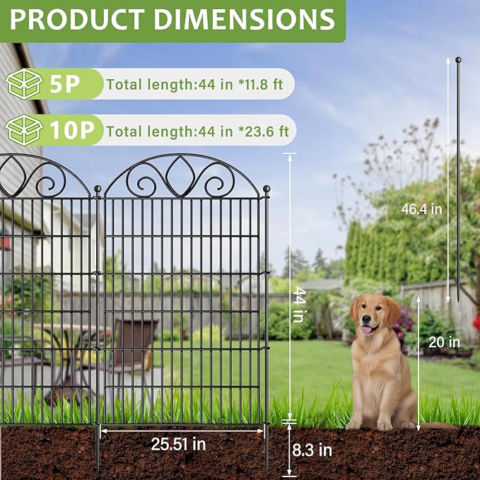 5 Panels No Dig Tall Garden Fence with Gate – 44" H X 11.8' L Rustproof Metal Dog Fence Outdoor for Yard, Decorative Animal Barrier Fence for Pet, Garden Border, Patio, Flower | Temporary Fencing
