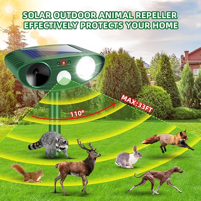 Solar Ultrasonic Animal Repeller Outdoor Cat Repellent Deer Repeller with Strobe Light,Waterproof Animal Deterrent Devices for Rabbit Raccoon Squirrel Dog Coyote Rodent Skunk Repellent for Yard Garden