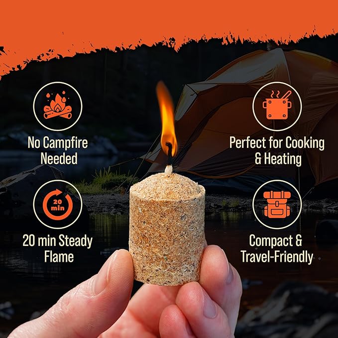 Portable Campfire - 8 pcs - up to 20 Min Burn Each - Emergency Fire Starters for Campfires - Survival Cooking Heat Source for Hiking, Emergency, Outdoor Stove or Grill