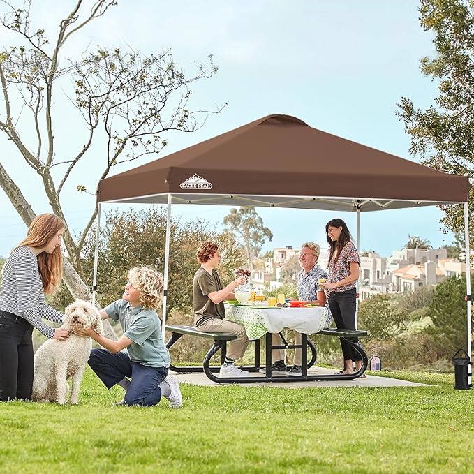EAGLE PEAK Pop Up Canopy Tent with Wheeled Carry Bag, 8 Stakes, 4 Ropes, 4 Weight Bags, Easy Set Up Tent Canopy, 10x10 ft, 100sqft of Shade, Dark Brown