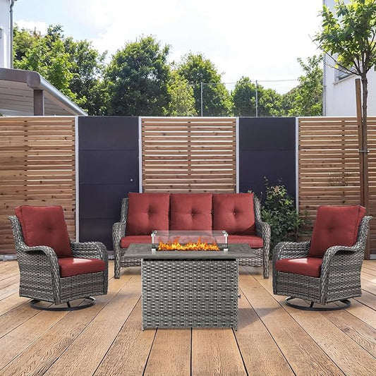 4 Piece Patio Furniture-with 50,000 BTU Gas Propane Fire Pit Table Outdoor Patio Furniture with Swivel Rocker Chairs,Outdoor Couch