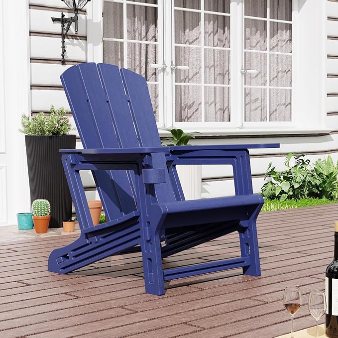 Adirondack Chair Set of 4, All Weather Plastic Adirondack Chairs, Fire Pit Chairs with Cup Holder, Outdoor Lawn Chair for Patio, Garden, Backyard, Navy Blue