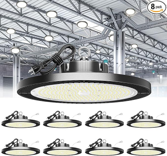 High Bay LED Shop Lights 200W 8 Pack with Plug 5' Cord Safety Rope Hook, Super Bright 28000lm 5000K UFO LED High Bay Light Lighting Lamp for Warehouse Workshop Factory Barn Garage Gym