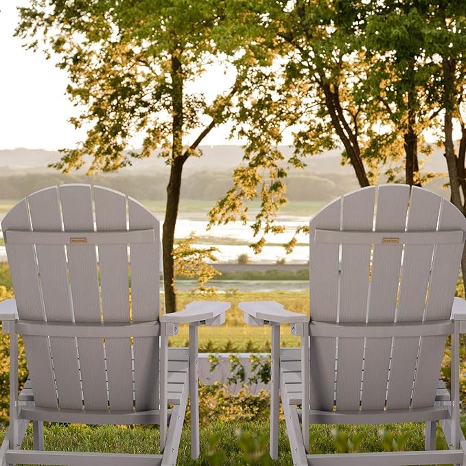 Adirondack Chairs Set of 2, All Weather Resistant Plastic Chairs with Cup Holder, 5 Easy Steps to Install, Outdoor Chairs for Patio, Garden, Backyard Deck, Lawn, Fire Pit - Grey