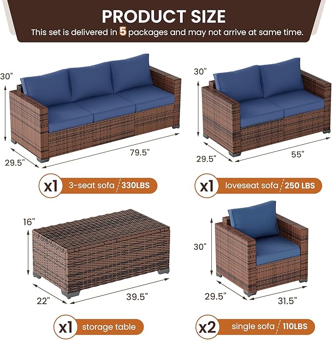 UDPATIO 5 Piece Outdoor Furniture Set, Oversized Armrest Patio Furniture Sets with Storage Table No-Slip Cushions Waterprool Covers for Poolside Deck Backyard Navy