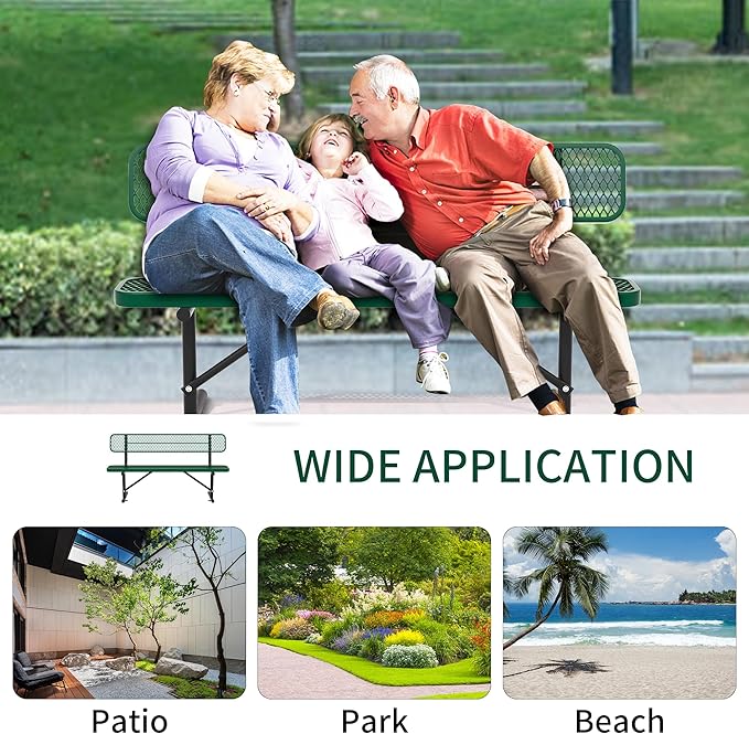6 Ft Metal Park Bench for Outside, All-Weather Thermoplastic Coating Outdoor Bench with Backrest, Commercial Heavy Duty Benches for Shopping Malls, Stores, Parks, Patios, Decks, Green