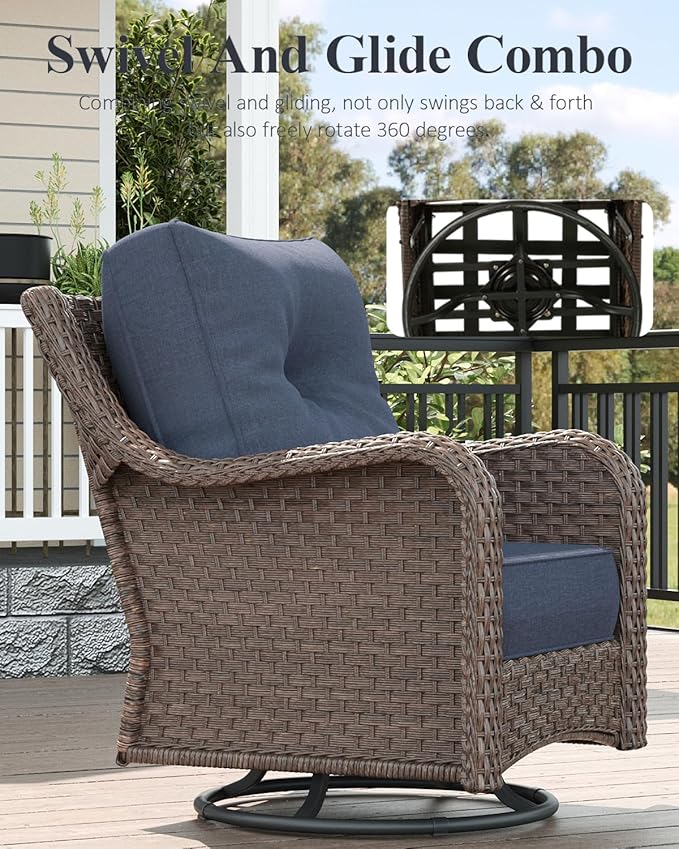 LayinSun 3 Piece Wicker Outdoor Furniture Set with 6-inch Comfy Cushions, High Back Patio Furniture Set with Swivel Rocking Chairs and Side Table