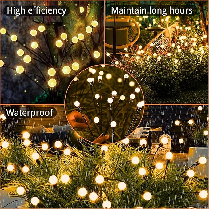 OZS 2Pack 16LED Solar Firefly Lights - Outdoor, Sway by Wind, Waterproof for Garden Pathway Decoration (Warm White)