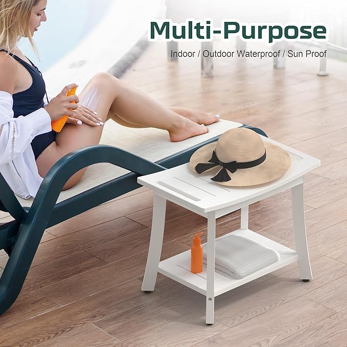 HIPS Shower Benches for Inside Shower, Waterproof Shower Stool with Storage Shelf & Adjustable Feet, SPA Bathroom Seat Chair for Shaving Legs, Indoor or Outdoor Use, White