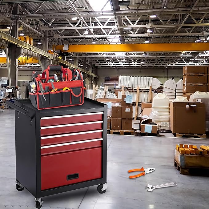4 Drawers 1 Cabinet Rolling Tool Box on Wheels, Trolley Organizer Tool Cart Tool Chest, Multifunctional Tool Storage Tool Case for Workshop,Garage,Repair Shop(4 Drawers-29.5"H-Black&Red)