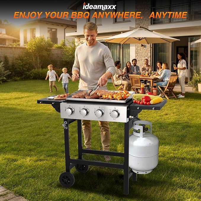 Portable 4-Burner Flat Top Grill with Folding Tabletop Design & Integrated Cart - 38,200 BTU Propane Griddle for Outdoor Cooking, Camping, Tailgating