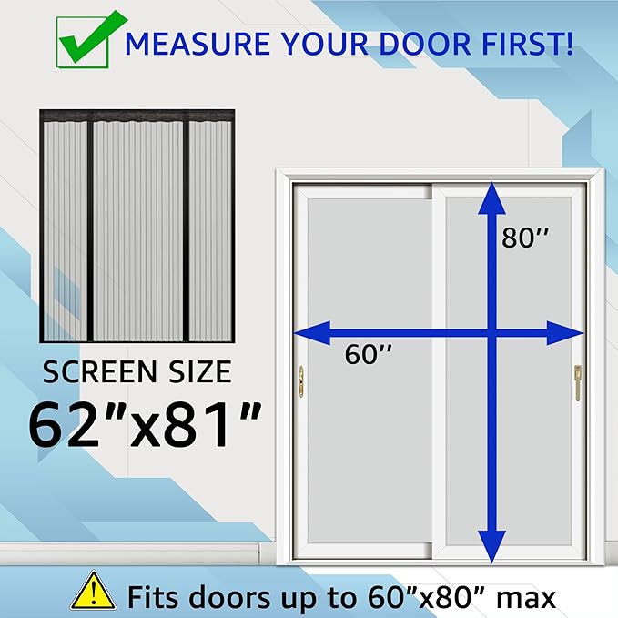 TheFitLife Double Door Magnetic Screen - Mesh Curtain with Full Frame Hook & Loop Powerful Magnets, Snap Shut Automatically for Patio, Sliding Or Large Door (Black Fits Doors up to 60''x80'' Max)