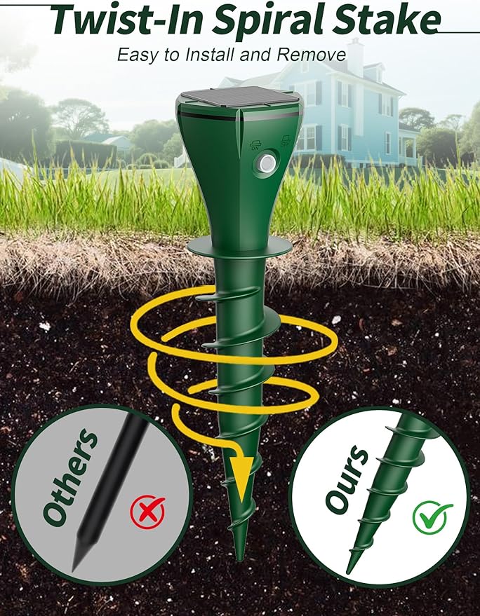 Mole Repellent Solar Powered for Lawns, Waterproof Gopher & Groundhog Repellent with Variable Sonic Vibration, Easy Twist Stakes for Yard & Garden, Get Rid of Voles Snakes (8, Green)