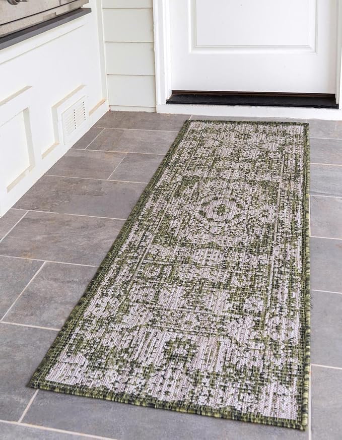 Unique Loom Outdoor Traditional Collection Area Rug - Timeworn (2' x 8' Runner Green/Ivory)
